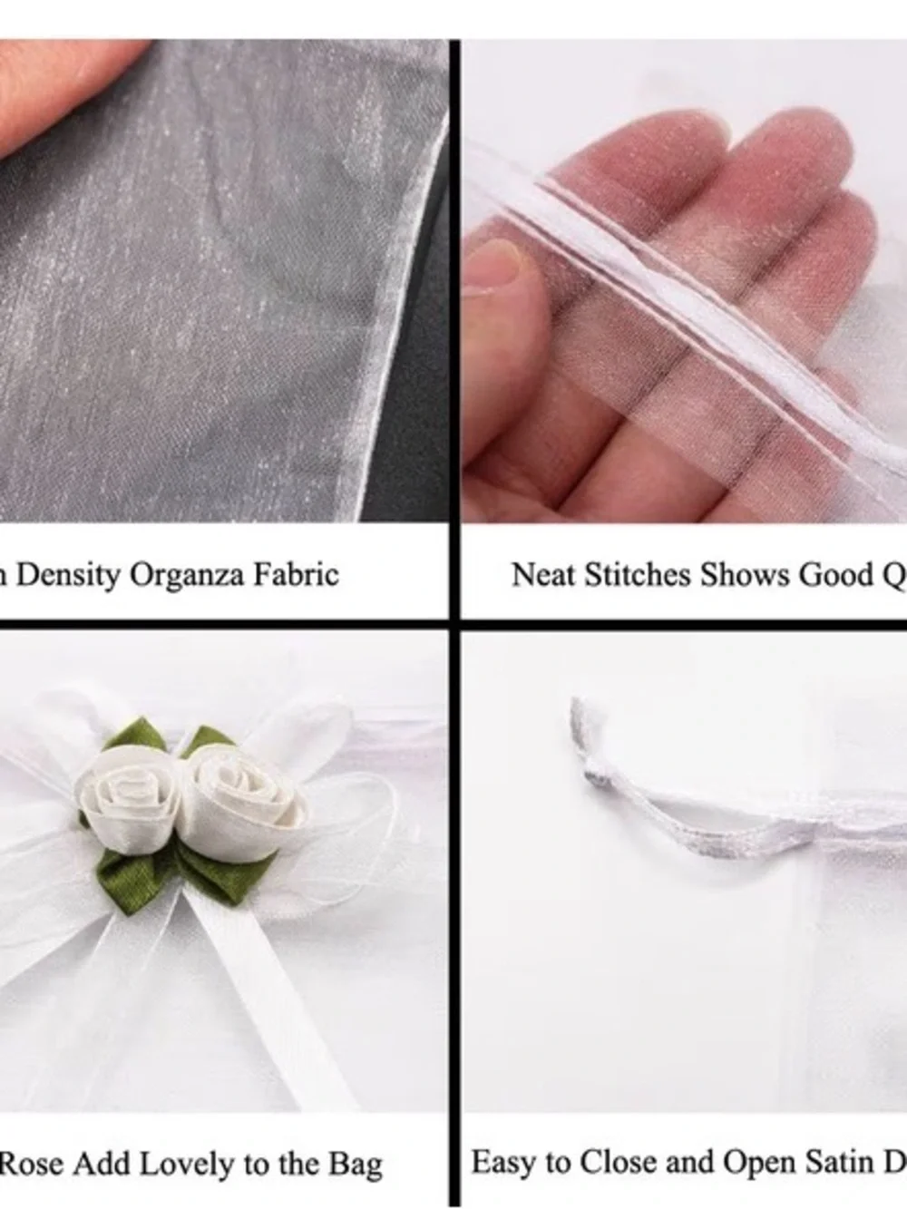 Elegant White Rose Organza Favor Bags with Green Leaves - 50 bags